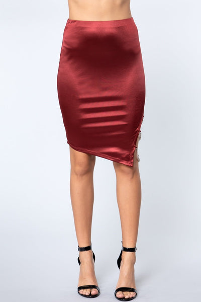 Our Best Polyester Blend Asymmetrical Hem Jewel Strap Slit Detail Satin Midi Skirt (Dark Red)