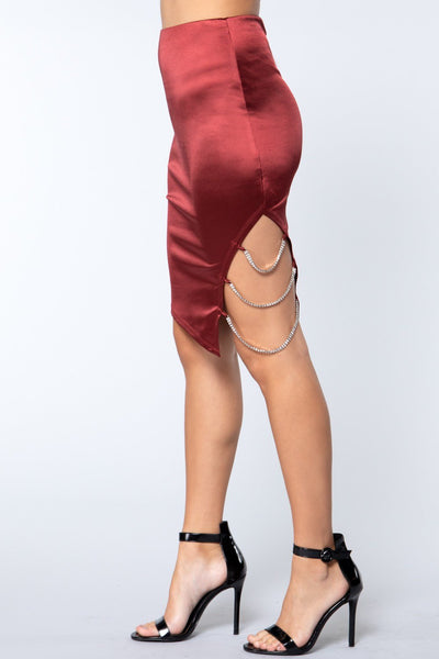Our Best Polyester Blend Asymmetrical Hem Jewel Strap Slit Detail Satin Midi Skirt (Dark Red)