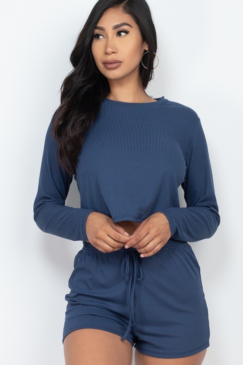 CeeCee Summertime 92% Polyester 8% Spandex Ribbed Knit Long Sleeve Top And Shorts Set (Denim Blue)