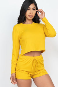 Our Best 92% Polyester 8% Spandex Ribbed Knit Long Sleeve Two Piece Top And Shorts Set (Mustard)