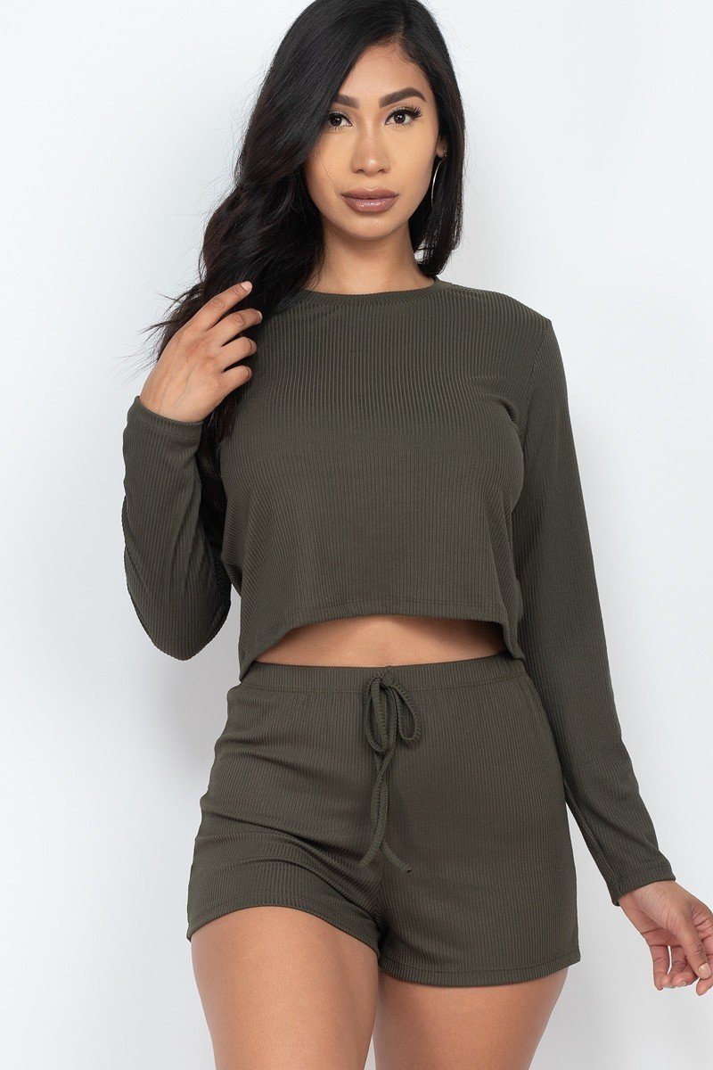 Our Best 92% Polyester 8% Spandex Ribbed Knit Long Sleeve Two Piece Top And Shorts Set (Olive)