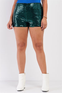 Plus Size Lovely Ladies 100% Polyester Shiny Sequin Party Girl High Waisted Mini Shorts (Hunter Green)