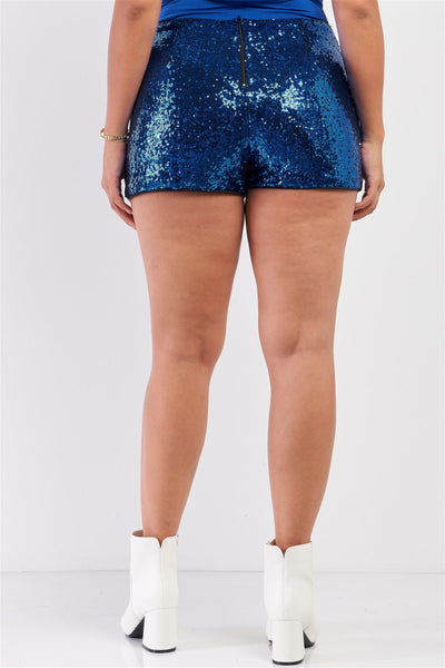 Plus Size Lovely Ladies 100% Polyester Shiny Sequin Party Girl High Waisted Mini Shorts (Royal Blue)