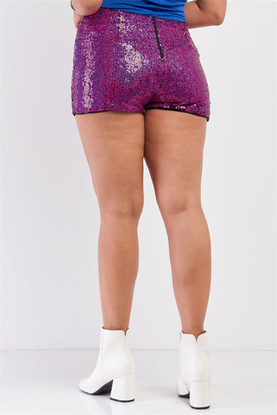 Plus Size Lovely Ladies 100% Polyester Shiny Sequin High Waisted Mini Shorts (Hot Pink)