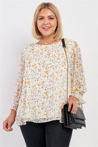 Plus Size Lovely Ladies 100% Polyester Floral Print Relaxed Fit Flare Hem Puff Midi Sleeve Top (Ivory Yellow)