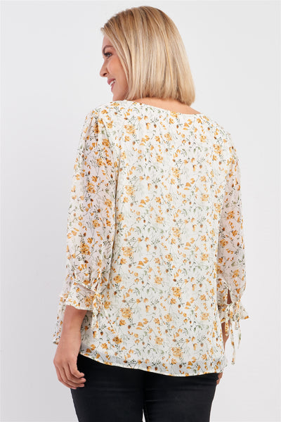Plus Size Lovely Ladies 100% Polyester Floral Print Relaxed Fit Flare Hem Puff Midi Sleeve Top (Ivory Yellow)