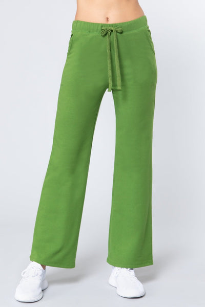 Our Best Cotton/Polyester/Spandex Blend French Terry Long Flare Pants (Grass Green)