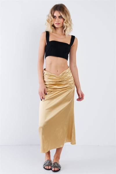 Our Best Polyester Blend Satin Ruffle Waist V-cut Solid Color Midi Skirt (Gold)