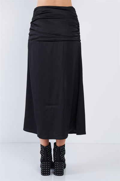 Our Best Polyester Blend Satin Ruffle Waist V-cut Solid Color Midi Skirt (Black)