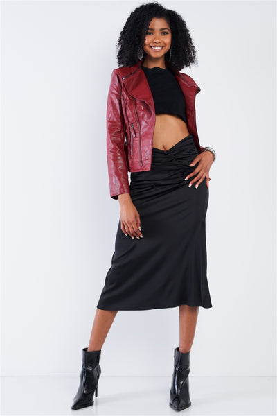 Our Best Polyester Blend Satin Ruffle Waist V-cut Solid Color Midi Skirt (Black)