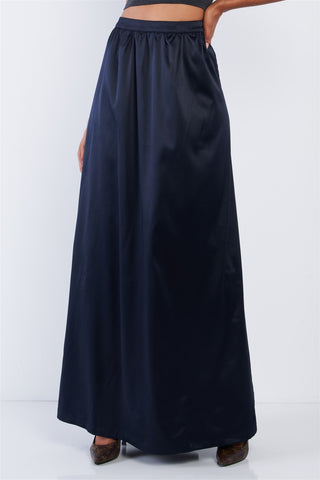 Our Best Cotton Blend Solid Color Satin Lined High Waist Zip Closure Flowing Maxi Skirt (Navy)