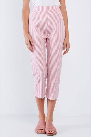 Our Best 100% Cotton Red & White Striped High Waist Scalloped Hem Summer Capri Pants