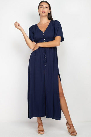 Casual Clubwear 100% Rayon Short Bell Sleeve Smocked Slit Skirt V-neckline Button Down Maxi Dress (Navy)