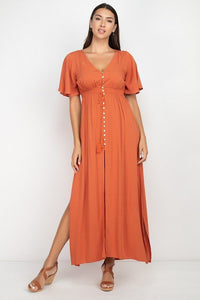Casual Clubwear 100% Rayon Short Bell Sleeve Smocked Slit Skirt V-neckline Button Down Maxi Dress (Rust)