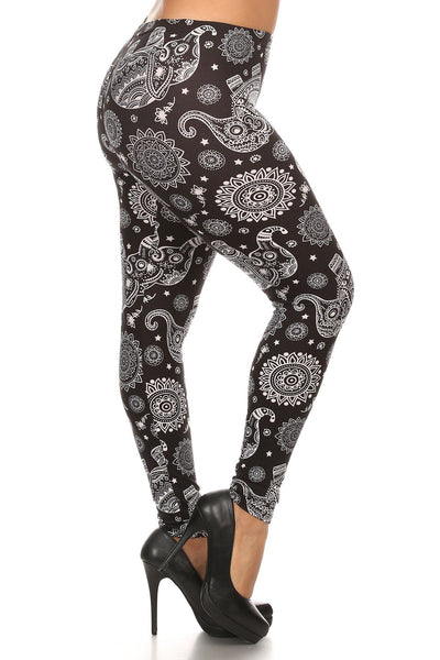 Plus Size Elephant Print, Full Length Leggings In A Slim Fitting Style With A Banded High Waist