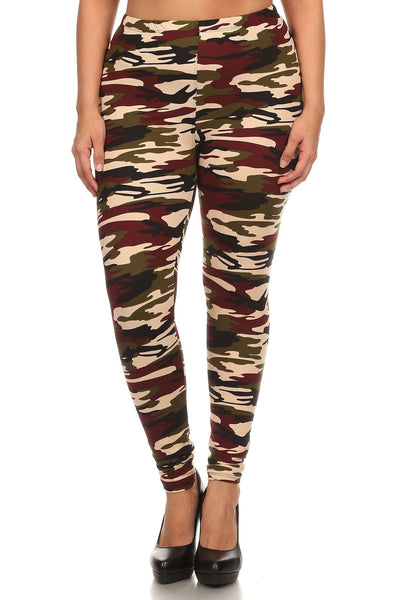Plus Size Army Print, Banded, Full Length Leggings In A Fitted Style With A High Waist