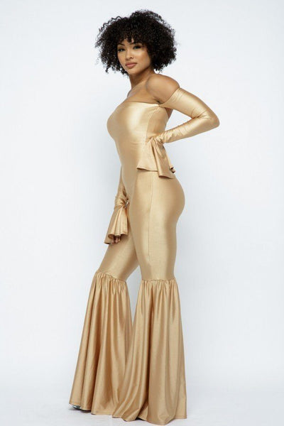 Roxanne Rocks Polyester Blend Off-The-Shoulder Wide Flare Leg Long Bell Sleeve Jumpsuit (Champagne Gold)