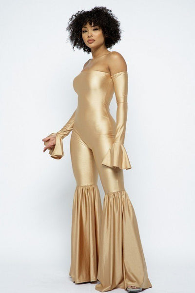 Roxanne Rocks Polyester Blend Off-The-Shoulder Wide Flare Leg Long Bell Sleeve Jumpsuit (Champagne Gold)