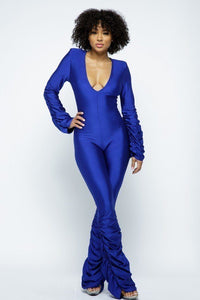 Roxanne Rocks Polyester Blend Long Sleeve Deep Scoop Neckline Ruched Detail Stacked Jumpsuit (Royal Blue)