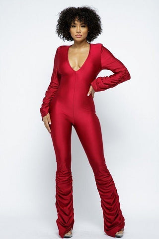 Roxanne Rocks Polyester Blend Long Sleeve Deep Scoop Neckline Ruched Detail Stacked Jumpsuit (Red)