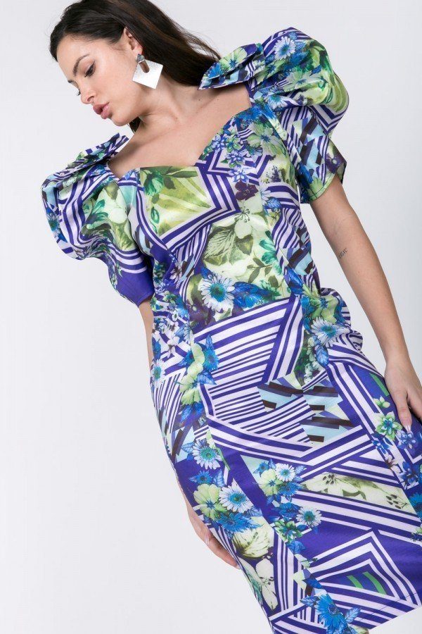 Puff Sleeve 55% Polyester 40% Nylon 5% Spandex Floral Fantasy Geometric Pattern Midi Dress (Lime/Blue)