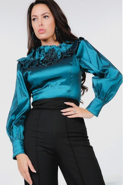 Flower Patch With Ruffle Neck Satin Blouse
