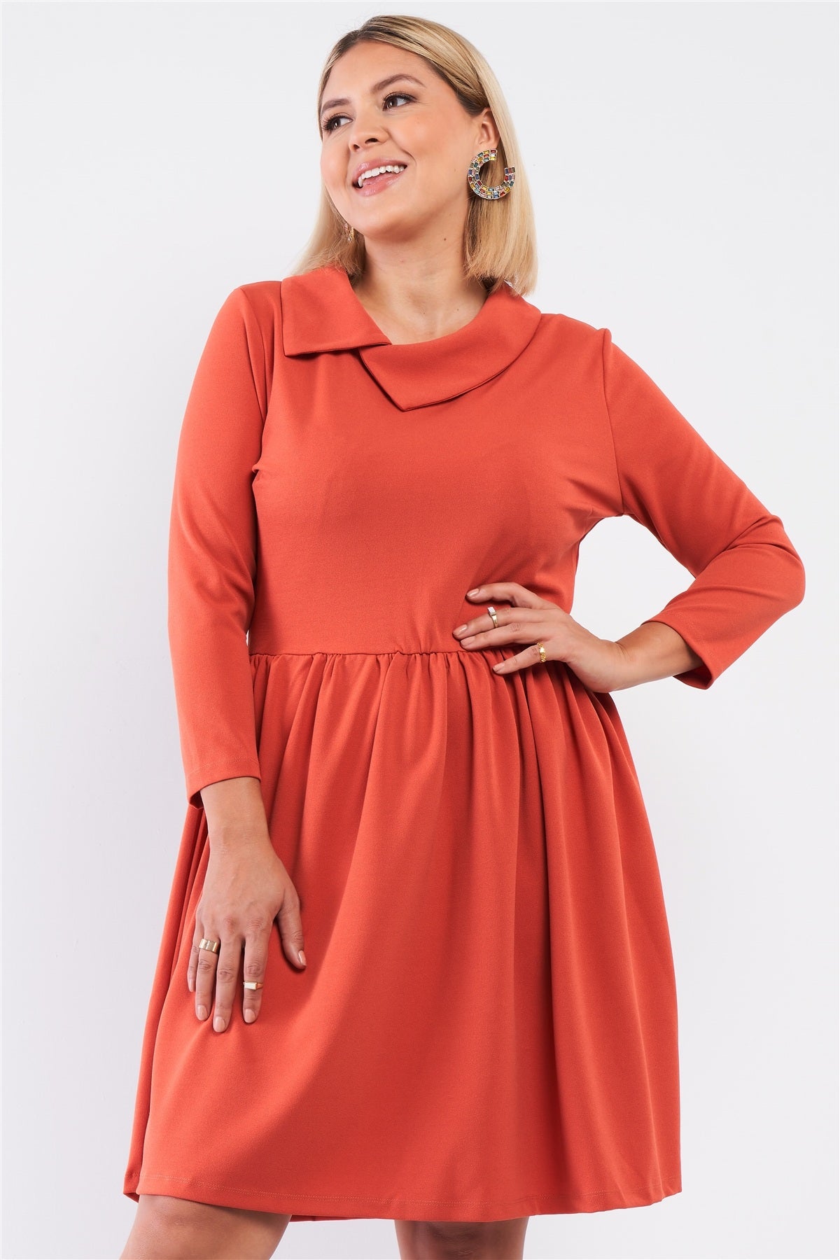 Plus Size Lovely Ladies 95% Polyester 5% Spandex Pleated Preppy Fit & Flare Long Sleeve Asymmetrical Peter Pan Collar Mini Dress (Ginger)