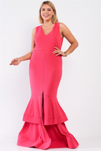 Plus Size Lovely Ladies 95% Polyester 5% Spandex Sleeveless V-neck Front Slip Layered Flare Hem Mermaid Maxi Dress (Coral Pink)