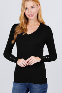 Our Best 50% Viscose 30% Polyester 20% Nylon V-neck Sweater W/rivet Button (Black)
