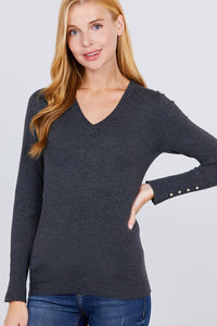Our Best 50% Viscose 30% Polyester 20% Nylon V-neck Sweater W/rivet Button (Charcoal Grey)