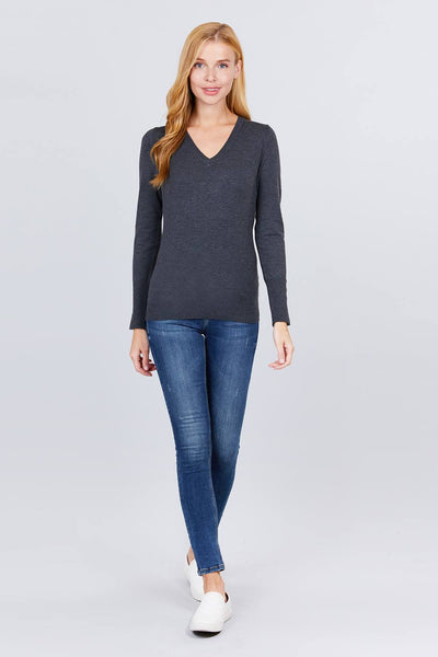 Our Best 50% Viscose 30% Polyester 20% Nylon V-neck Sweater W/rivet Button (Charcoal Grey)