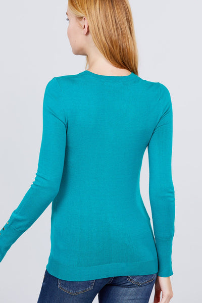 Our Best 50% Viscose 30% Polyester 20% Nylon V-neck Sweater W/rivet Button (Turquoise)