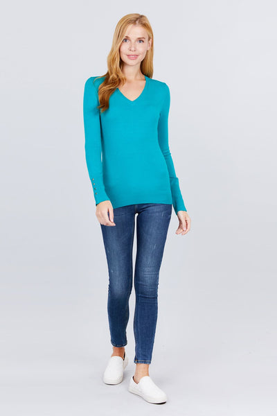 Our Best 50% Viscose 30% Polyester 20% Nylon V-neck Sweater W/rivet Button (Turquoise)