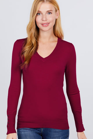 Our Best V-neck 50% Viscose 30% Polyester 20% Nylon Sweater W/rivet Button (Wine)