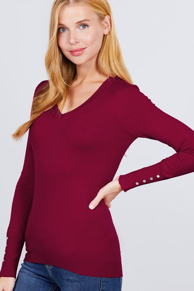 Our Best V-neck 50% Viscose 30% Polyester 20% Nylon Sweater W/rivet Button (Wine)