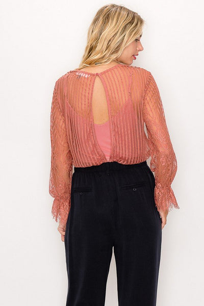 Our Best 100% Nylon Lace Trim Shadow Stripe Long Sleeve Bodysuit (Dark Marsala)