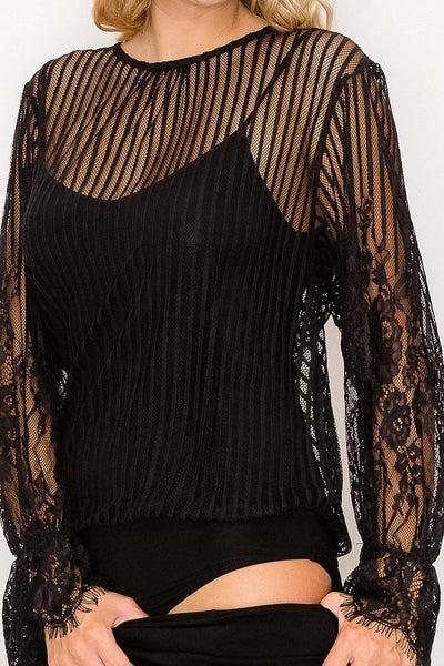 Our Best 100% Nylon Lace Trim Shadow Stripe Long Sleeve Bodysuit (Black)