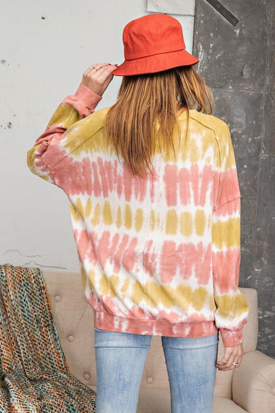Ombre 100% Cotton Tie Dye Terry Knit Banded Bottom Pullover Sweater (Mustard Rose)