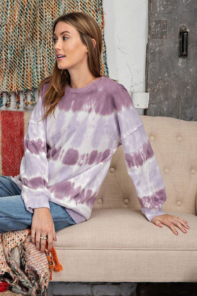 Ombre Tie Dye 100% Cotton Loose Fit Terry Knit Banded Bottom Pullover Sweater (Lilac)