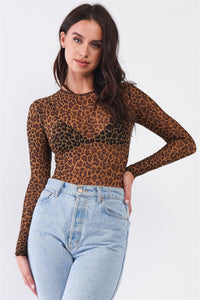 Our Best 90% Polyester 10% Spandex Sexy Fine Fishnet Sheer Mesh Crew Neck Long Sleeve Bodysuit (Leopard)