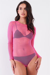 Our Best 100% Polyester Fishnet Mesh Mock Neck Long Sleeve Bodysuit (Neon Pink)