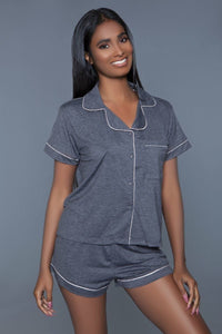 Our Best Polyester Blend Soft Jersey Pajama Set Button Front Short Sleeves Stretch Waist Shorts Bottoms (Grey)