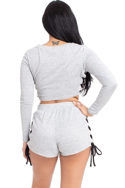 Our Best 95% Polyester 5% Spandex Long Sleeve Lace Up Side Detail Two Piece Shorts Set (Heather Grey)