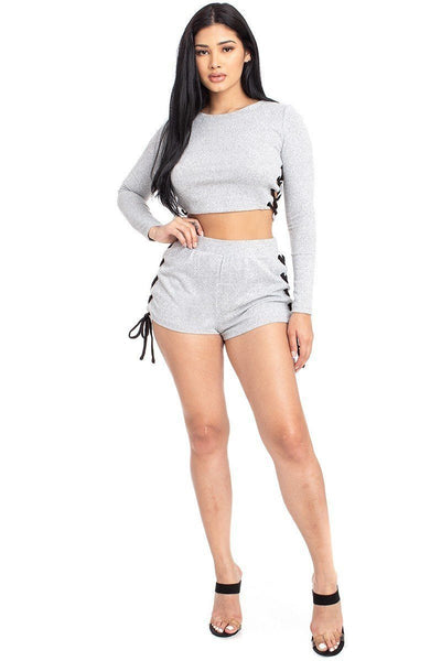 Our Best 95% Polyester 5% Spandex Long Sleeve Lace Up Side Detail Two Piece Shorts Set (Heather Grey)