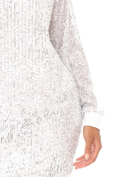 Glenda Glitter Glam 95% Polyester 5% Spandex Sequin Bespangled Wide Neck Boxy Slip-on Mini Dress (White/Silver)
