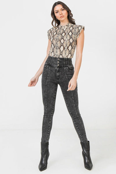 Samantha On Safari 96% Polyester 4% Spandex Python Snake Print Mock Neckline Sleeveless Bodysuit (Stone/Black)