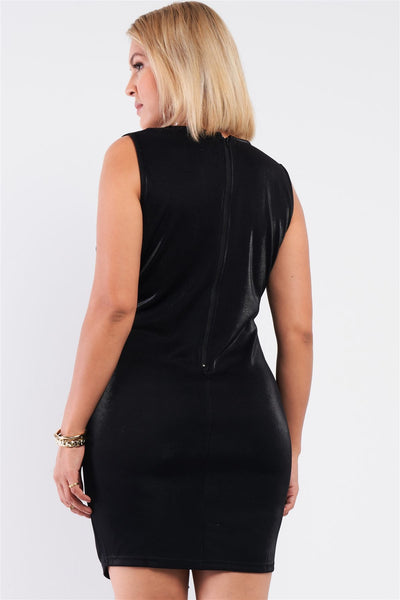 Plus Size Lovely Ladies 100% Polyester Sleeveless V-neck Asymmetrical Wrap Rhinestones Detail Fitted Mini Blazer Dress (Black)