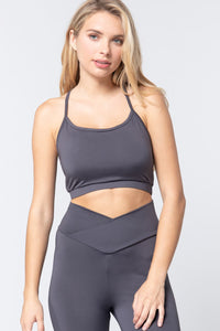 Round Neck Polyester/Spandex Cross Back Detail Workout Cami Bra Top (Charcoal)