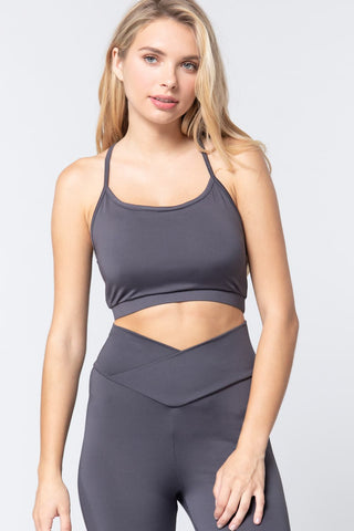 Round Neck Polyester/Spandex Cross Back Detail Workout Cami Bra Top (Charcoal)