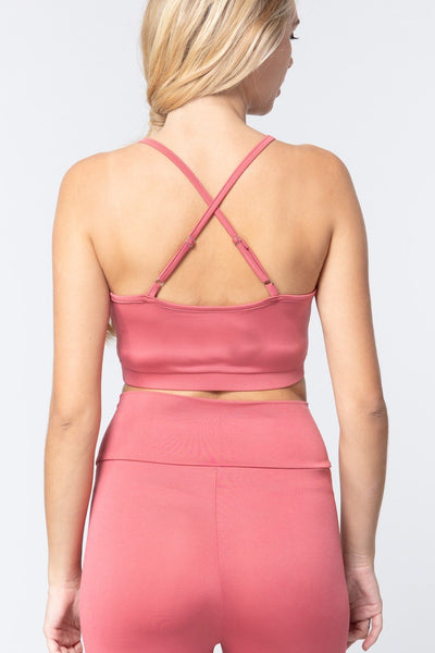 Round Neck Polyester/Spandex Cross Back Detail Workout Cami Bra Top (Pink)